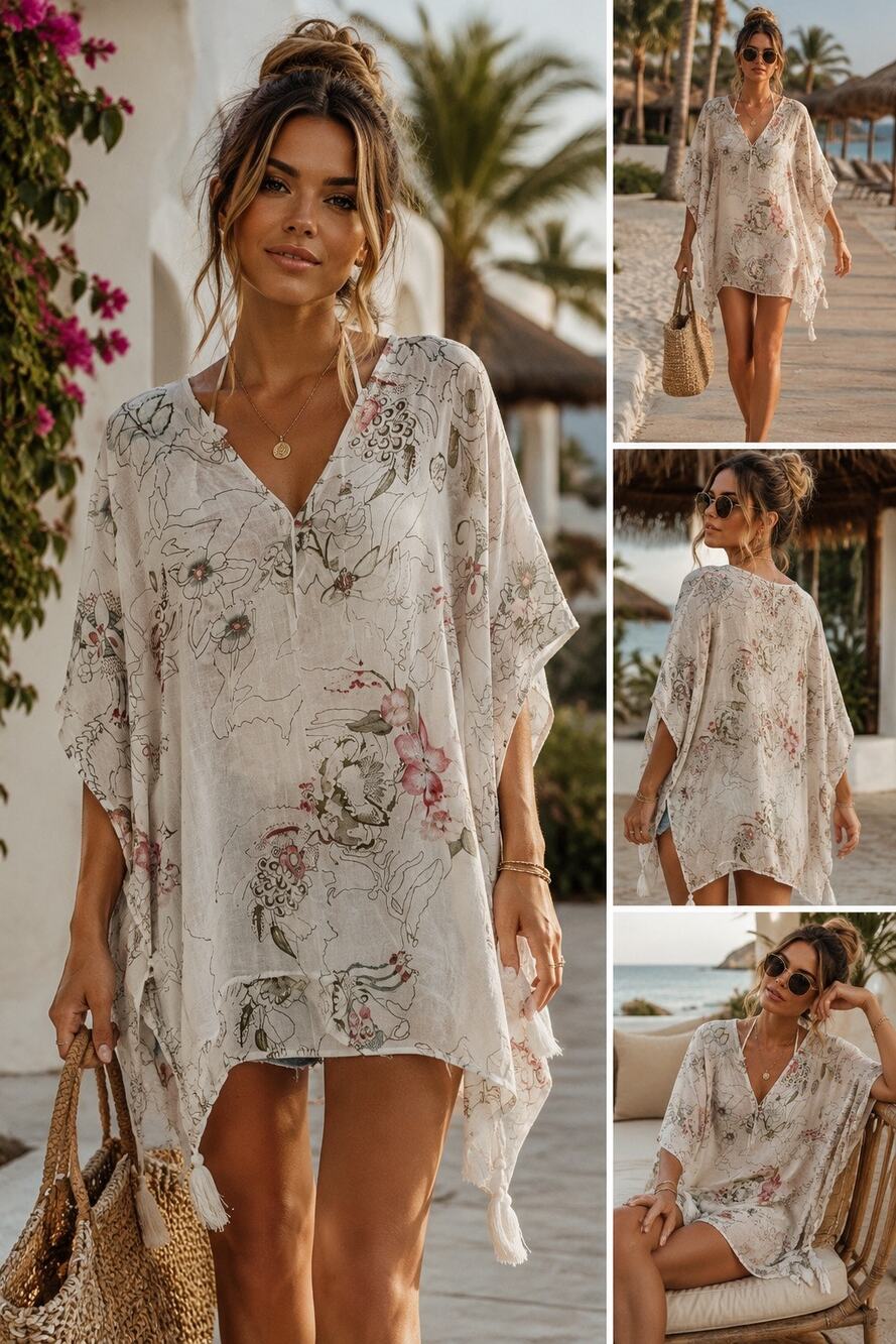 Z & L Floral Tunic Cover Up One Size Boho Tassel Beach Resort Caftan Poncho